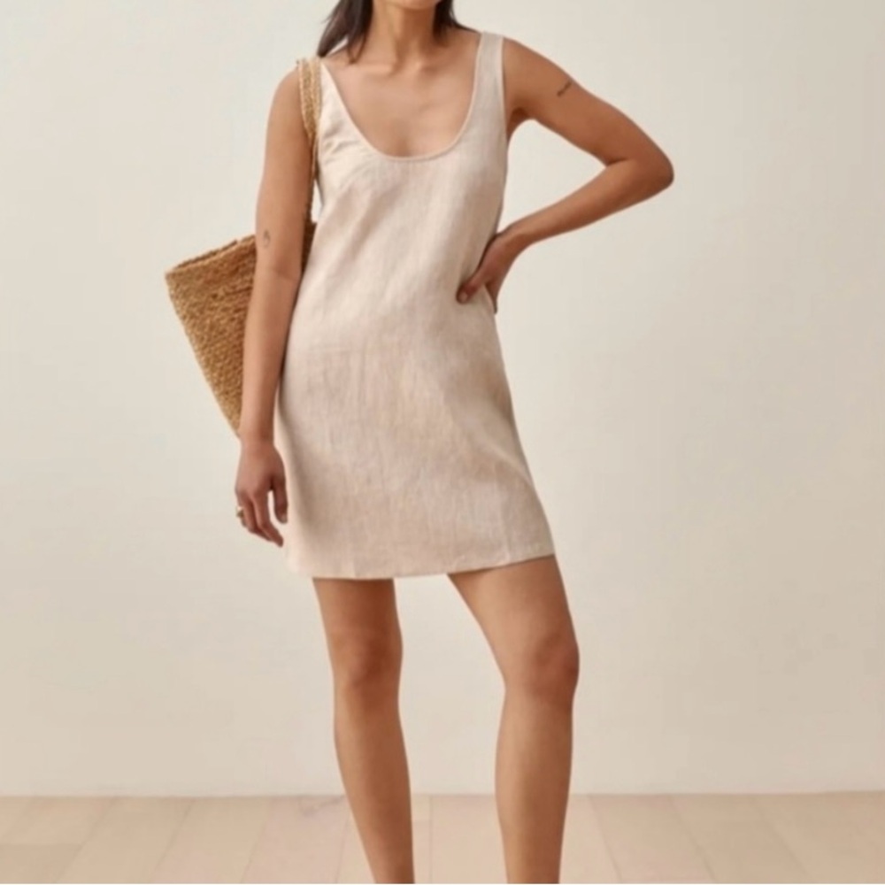 💛 EUC Reformation Bo Linen Mini Tank Double Scoop Neck Oatmeal Cotton Dress S